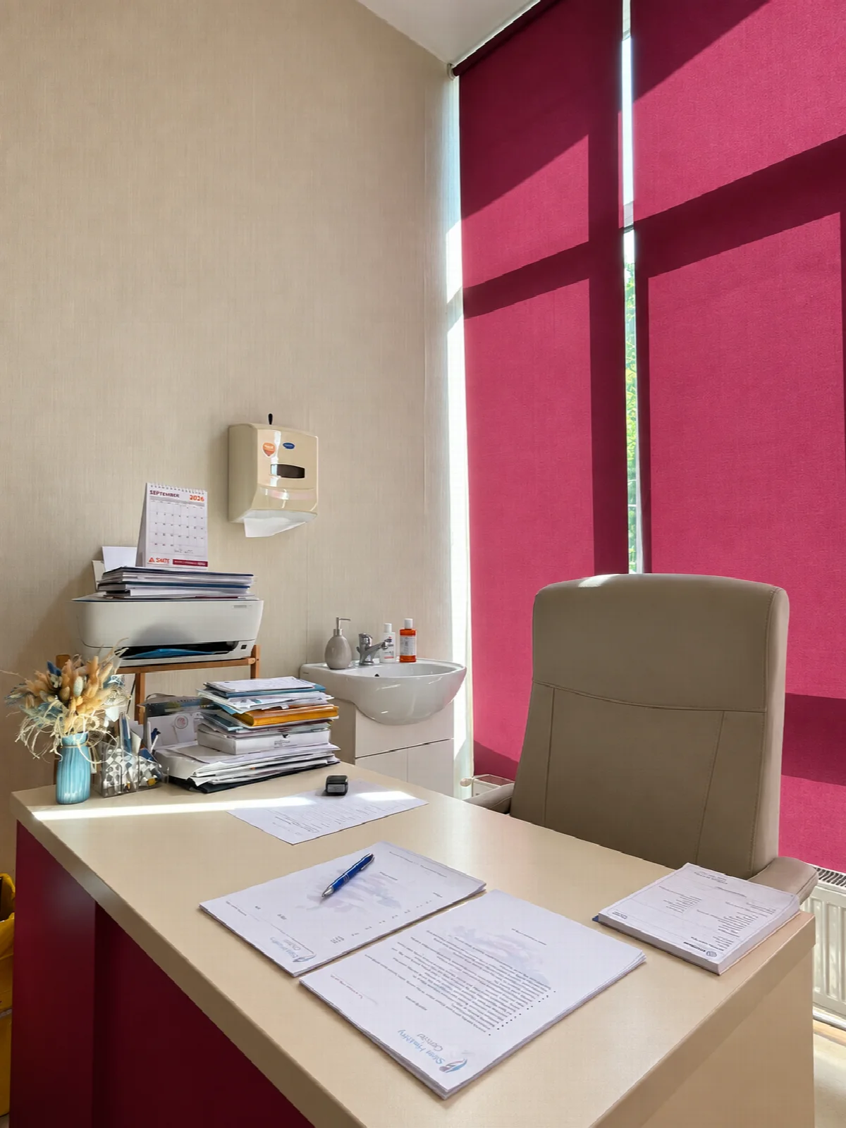 Biroul de consultații al clinicii, lângă ferestrele cu rulouri magenta